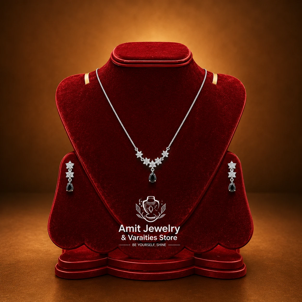 Black Teardrop Silver Necklace & Earrings Set
