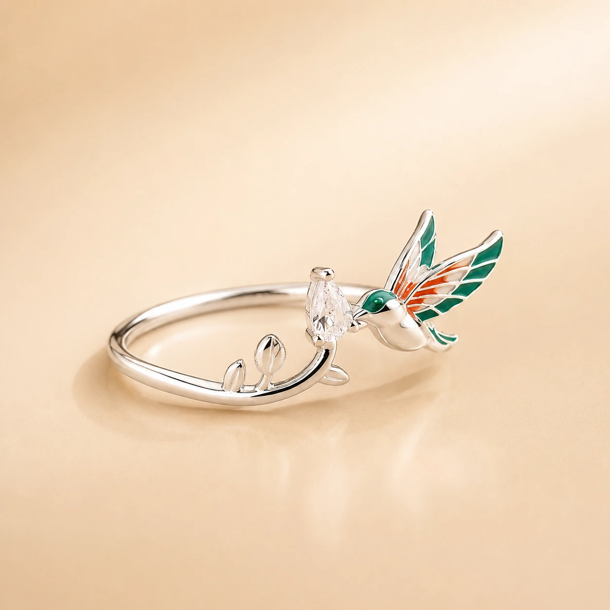 Enamel Hummingbird & Leaf Open Ring CODE 08